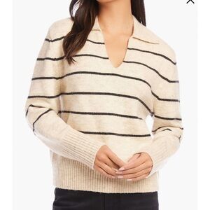 Fifteen Twenty Lisa Cream and Black Striped V-Neck Sweater